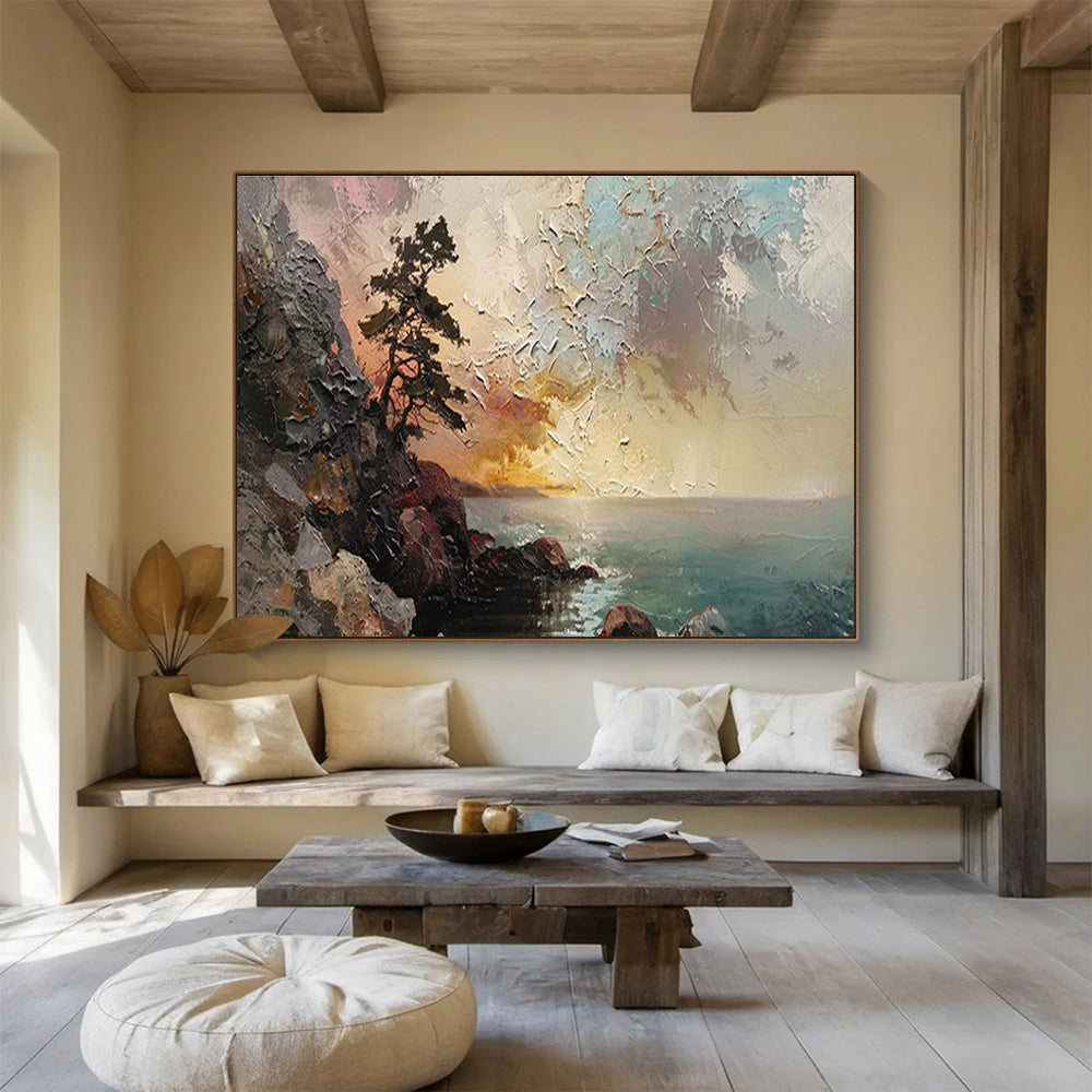 “Coastal Sunset Cliff” - Impasto Seascape Painting On Canvas DKS463