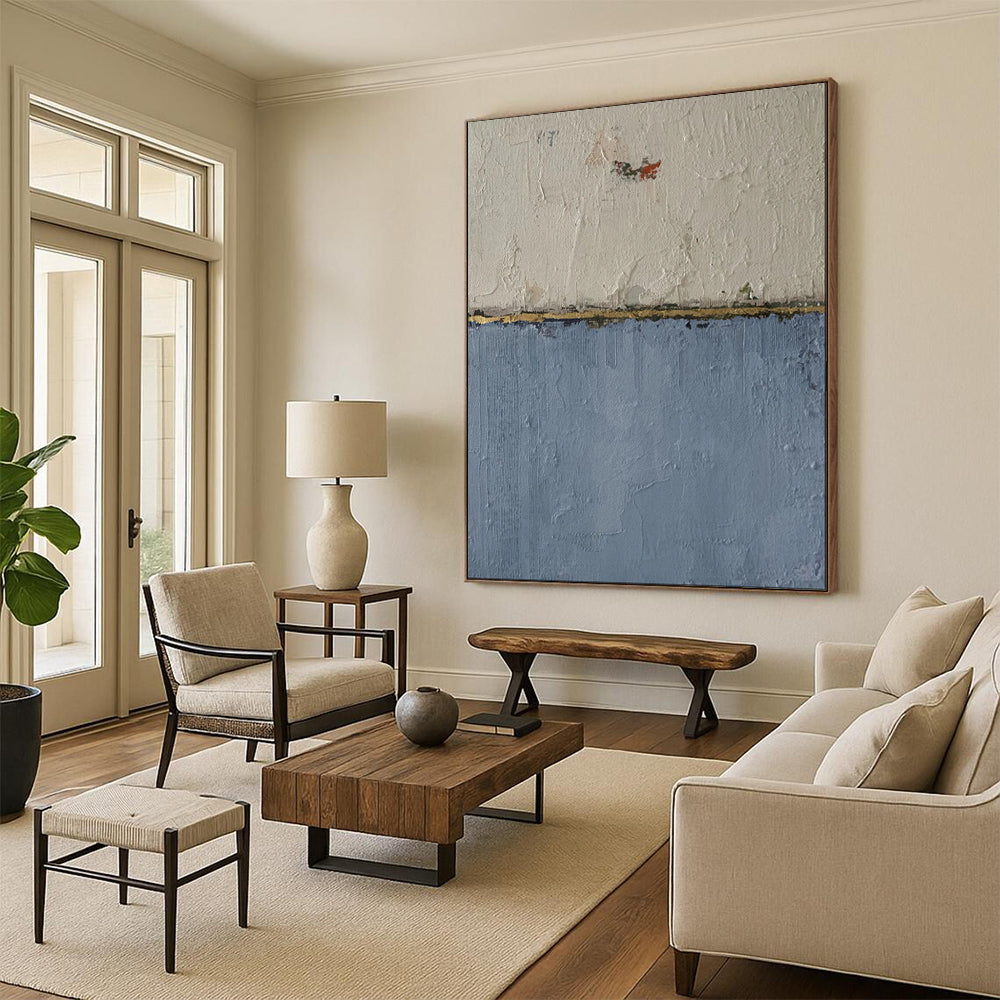“White - Blue - Gold Textured Abstract” - Textured Minimalist Painting On Canvas PT1967