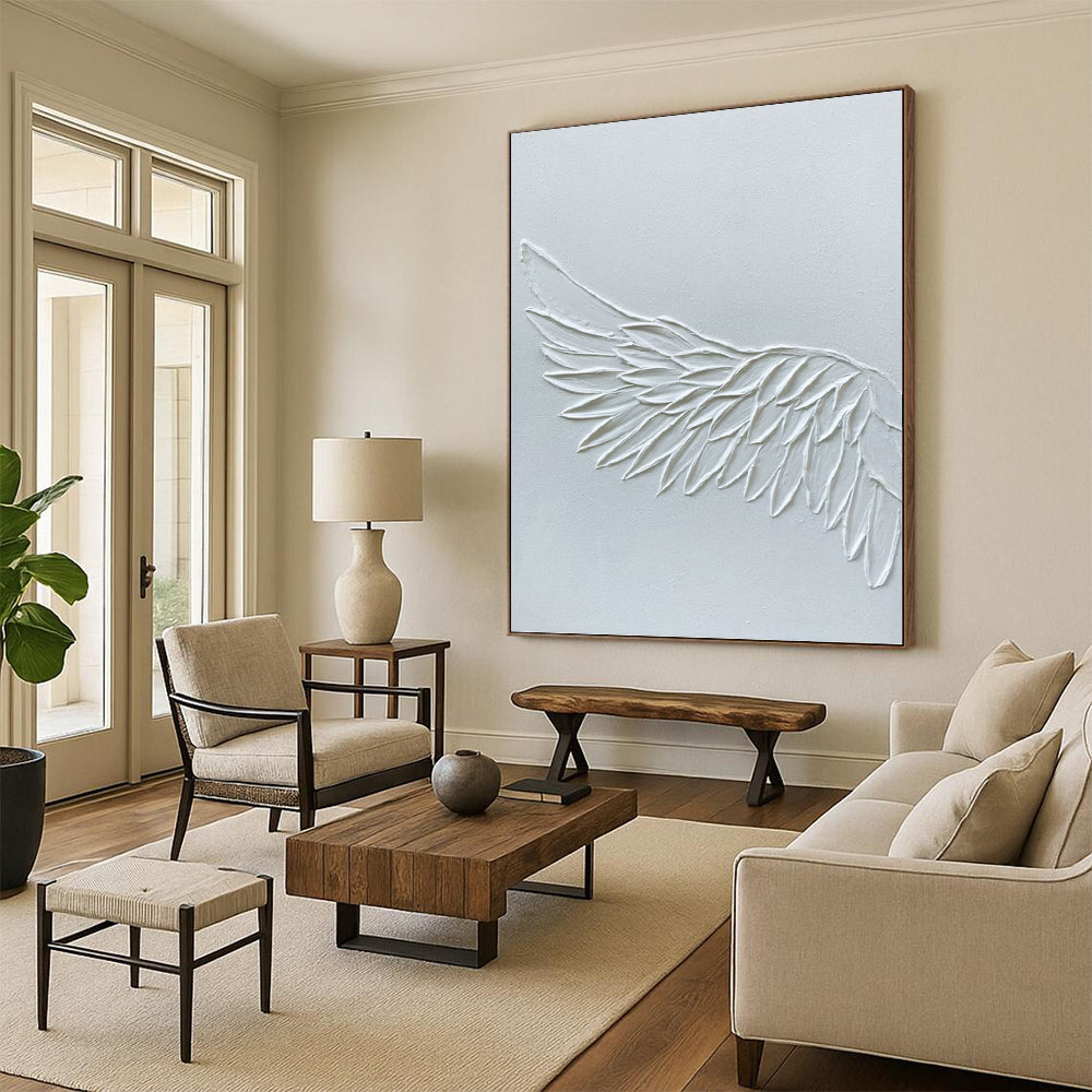“White Textured Wing” - White, Sculptural Abstract Painting On Canvas PT1485