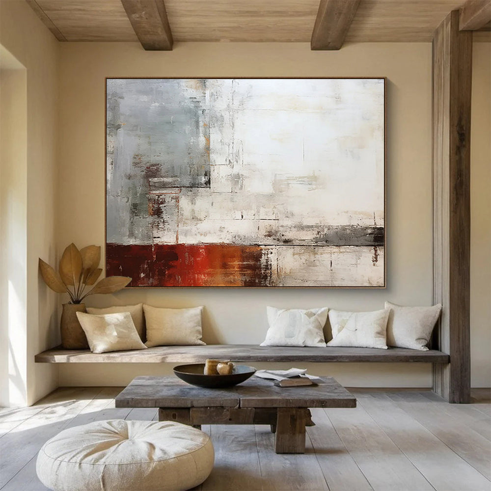 Grey, White & Red Abstract Composition Painting On Canvas DKS043