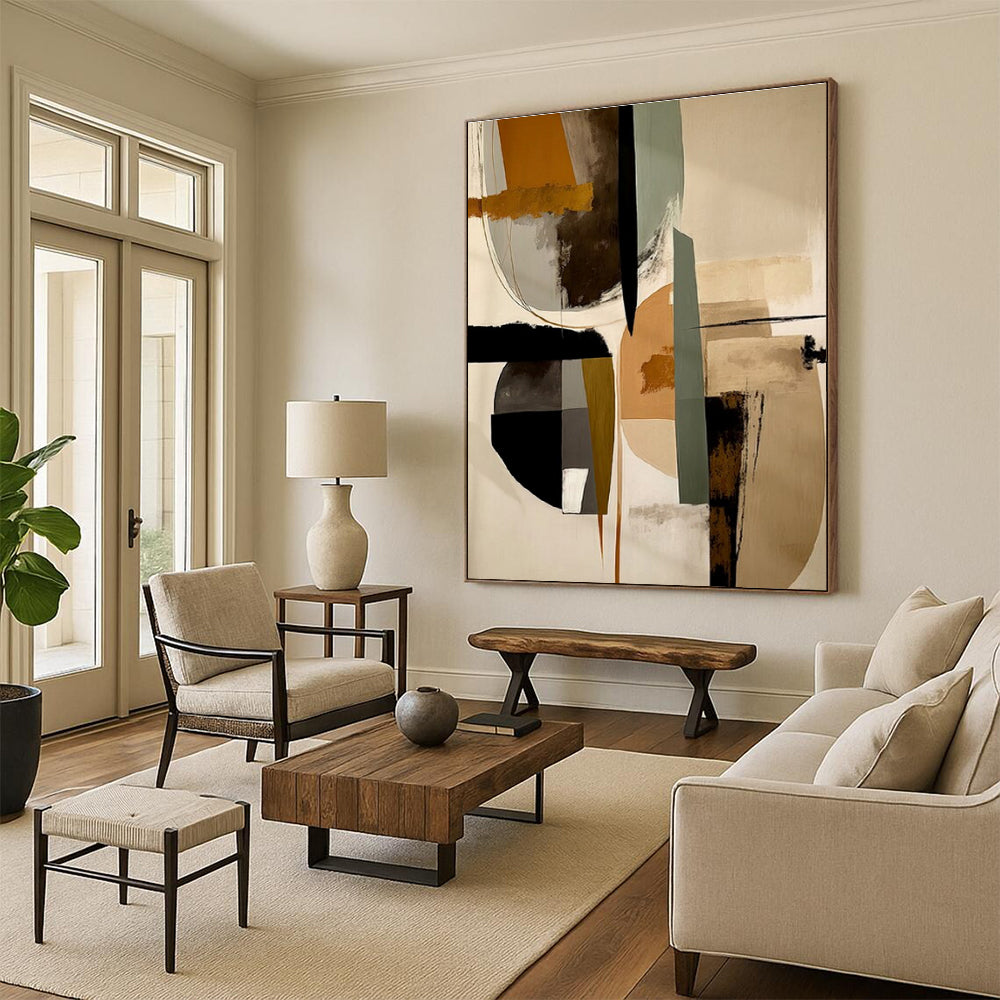 “Geometric Earth - Tone Fusion” - Brown, Green, Gray, White Abstract Geometric Painting On Canvas PS0753