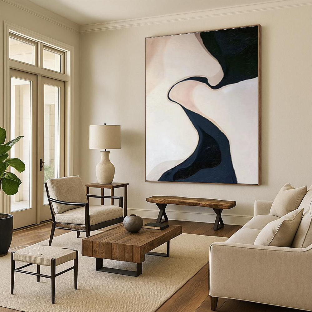 “Meandering Dark River” - Beige, Dark Blue Abstract Landscape Painting On Canvas PS0664