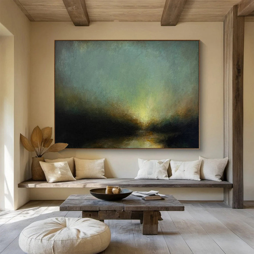 “Moody Greenish Glow” - Green, Yellow & Black Landscape, Impressionistic Oil Painting On Canvas DKS777