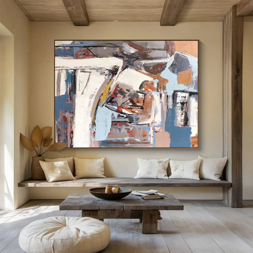 “Abstract Coastal Collage in Blues, Browns & Grays” - Modern Mixed - Media Painting On Canvas PT026