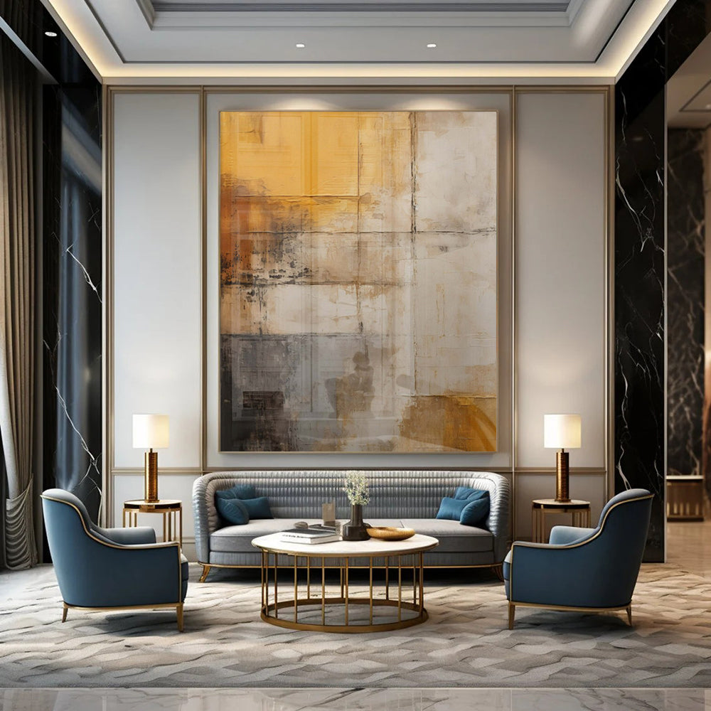Warm Yellows, Grays, and Browns with Textured Layers "Vintage Wall Stories" Abstract Textured Painting On Canvas PS1055