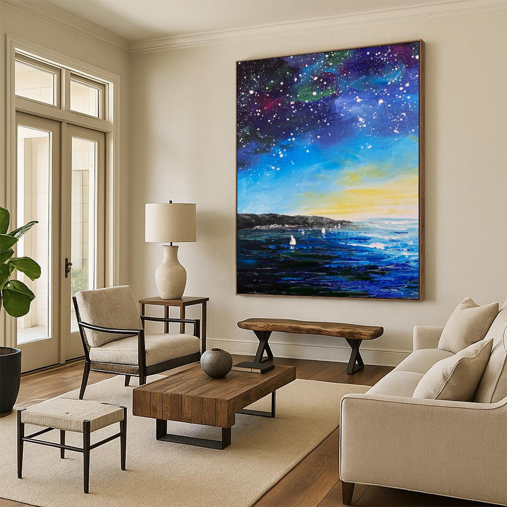 “Starry Night Ocean with Sailboats” - Impressionist Night Sky Painting On Canvas PT1901