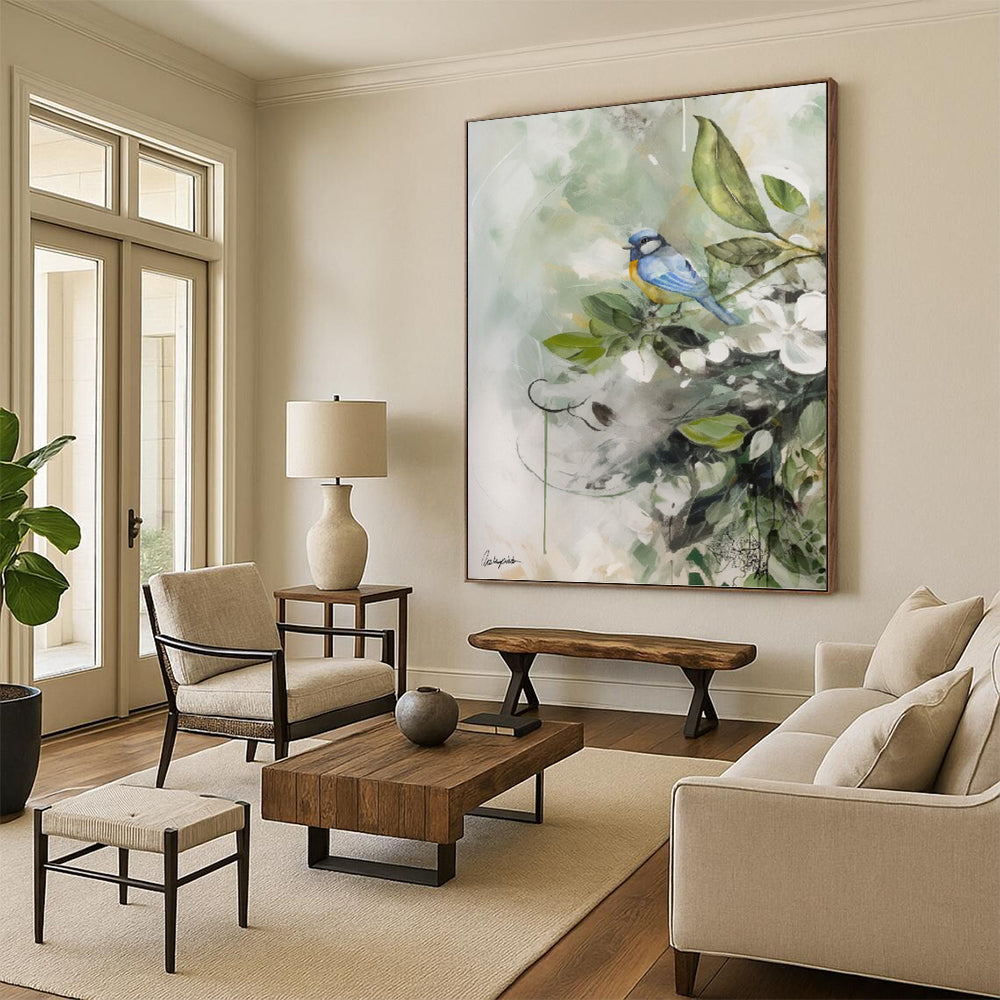 “Bird in Floral Watercolor” - Whimsical Nature Watercolor Painting On Canvas PT1085