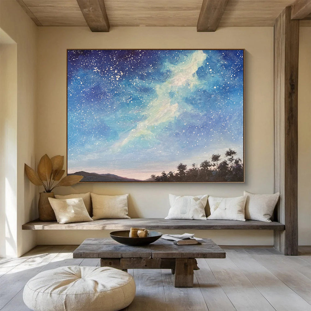 Starry Night Sky Over Silhouetted Land Celestial Landscape Painting On Canvas DKS114