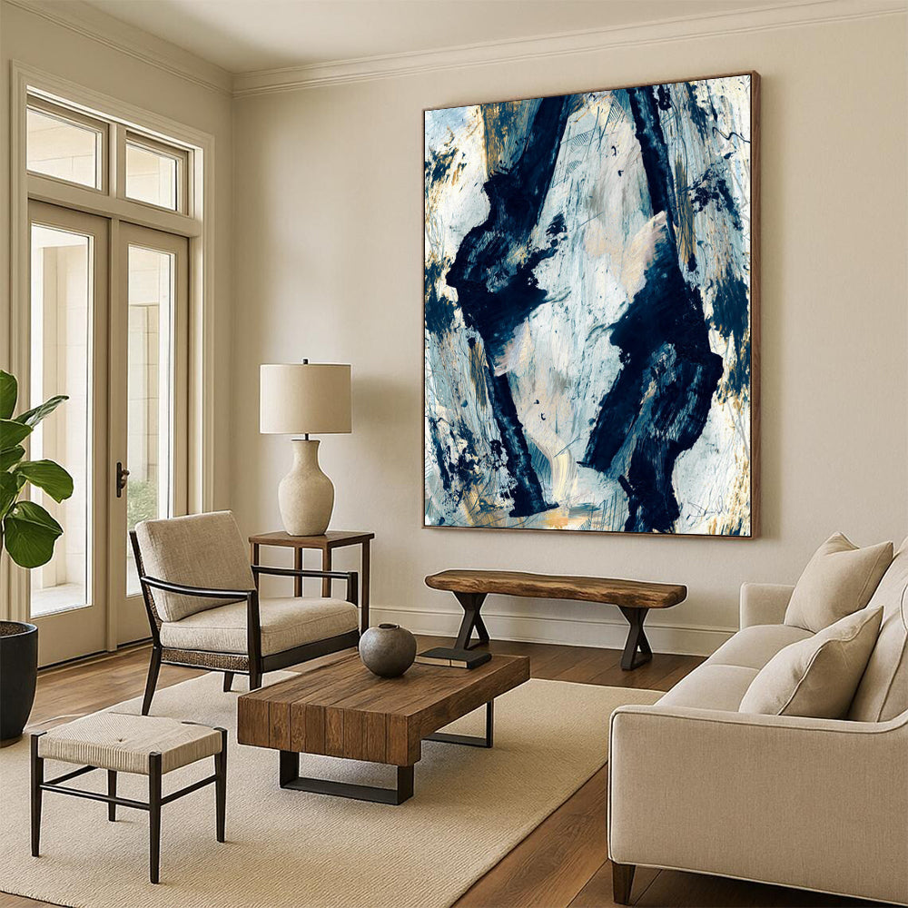 “Dynamic Blue & Gold Abstract” - Energetic Forms with Metallic Accents Painting On Canvas DS244