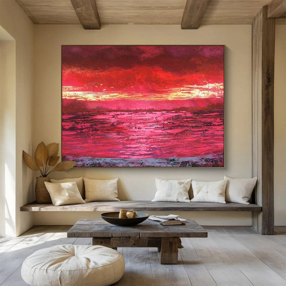 “Vibrant Red Sunset Over Water” Landscape Painting On Canvas DKS191