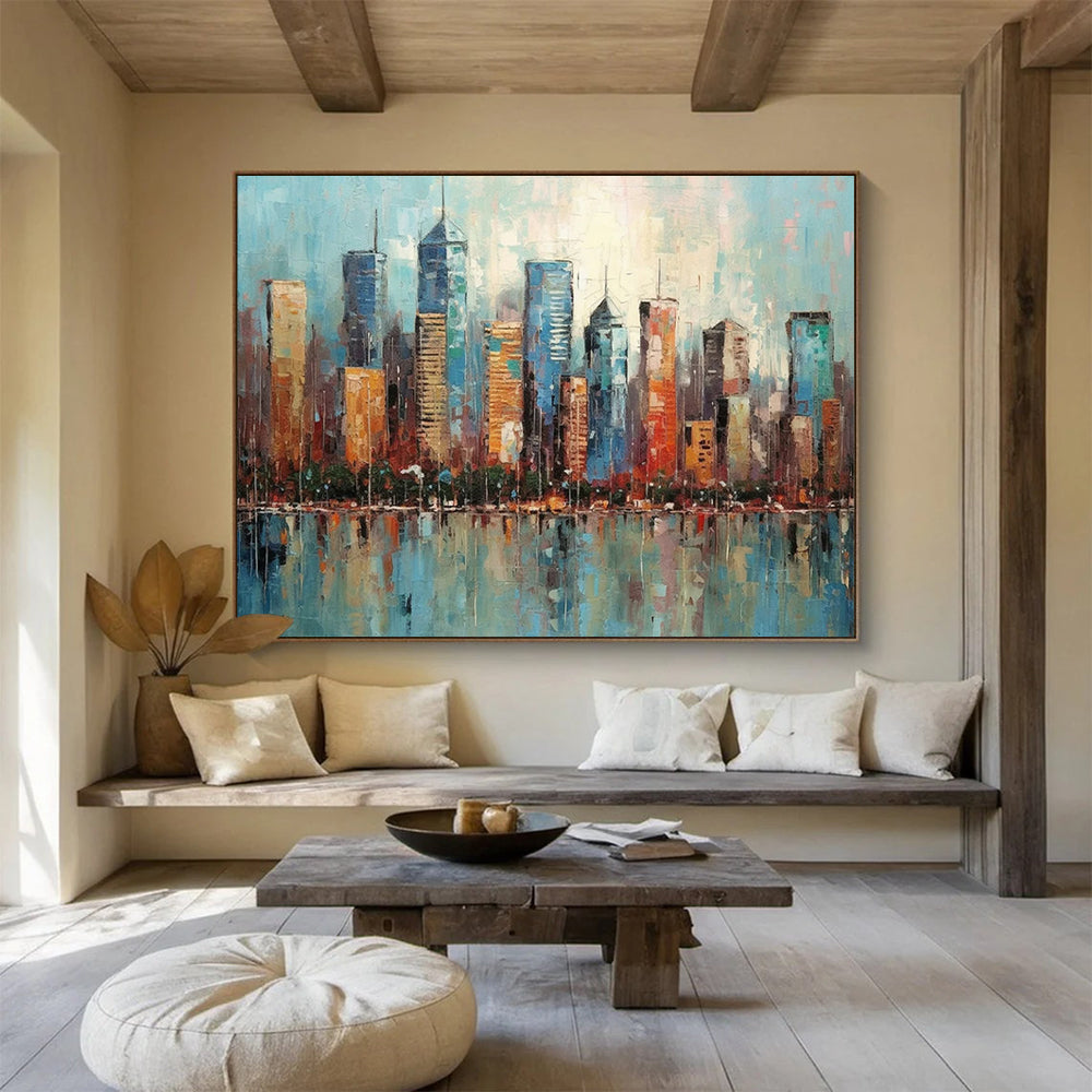 “Colorful Cityscape Reflection” - Impasto Urban Painting On Canvas PT077