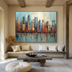 “Colorful Cityscape Reflection” - Impasto Urban Painting On Canvas PT077