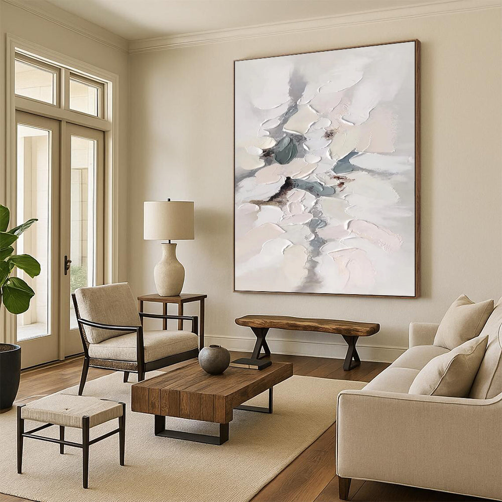 “White - Grey Abstract Blossoms” - Impasto Abstract Painting On Canvas PT1174