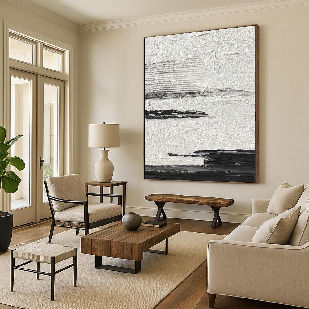 “Textured Black and White Horizons” - Layered Minimalist Painting On Canvas DS369