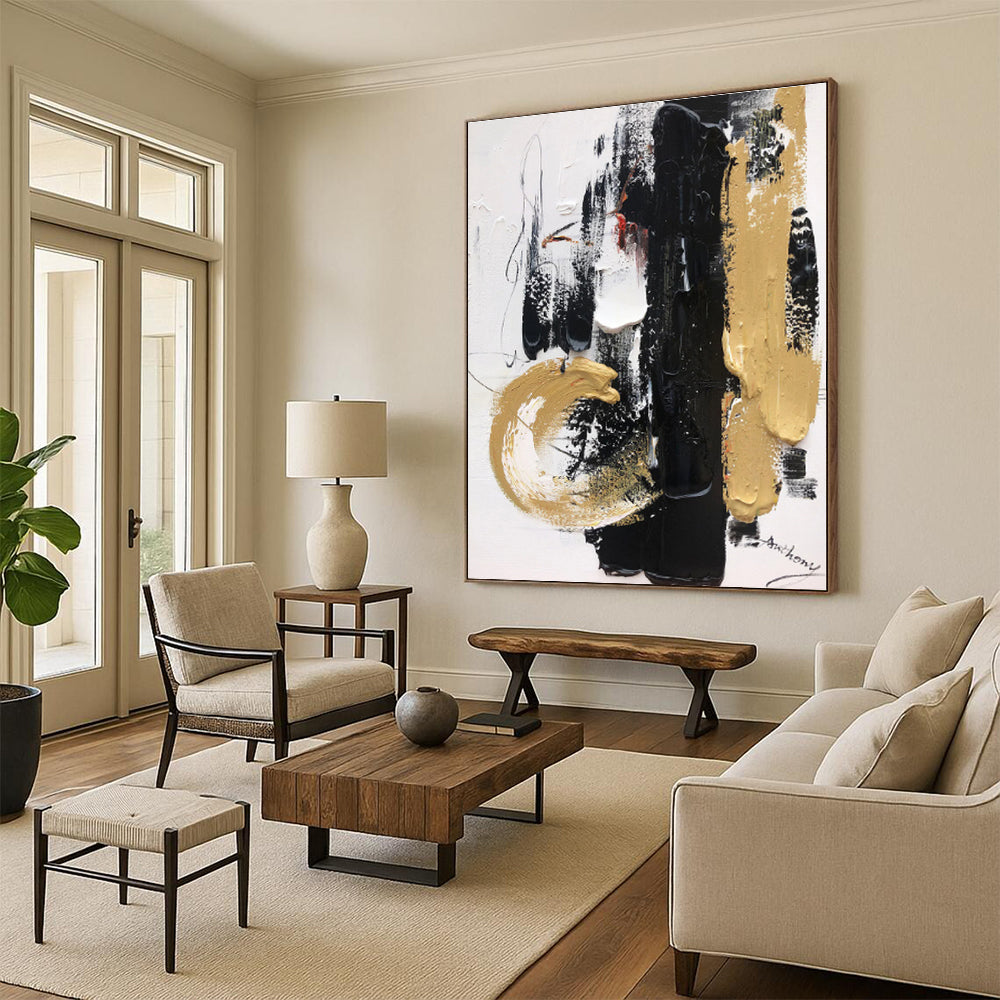 “Black - Gold Opulent Strokes” - Black, Gold, White Abstract Painting On Canvas PS0509