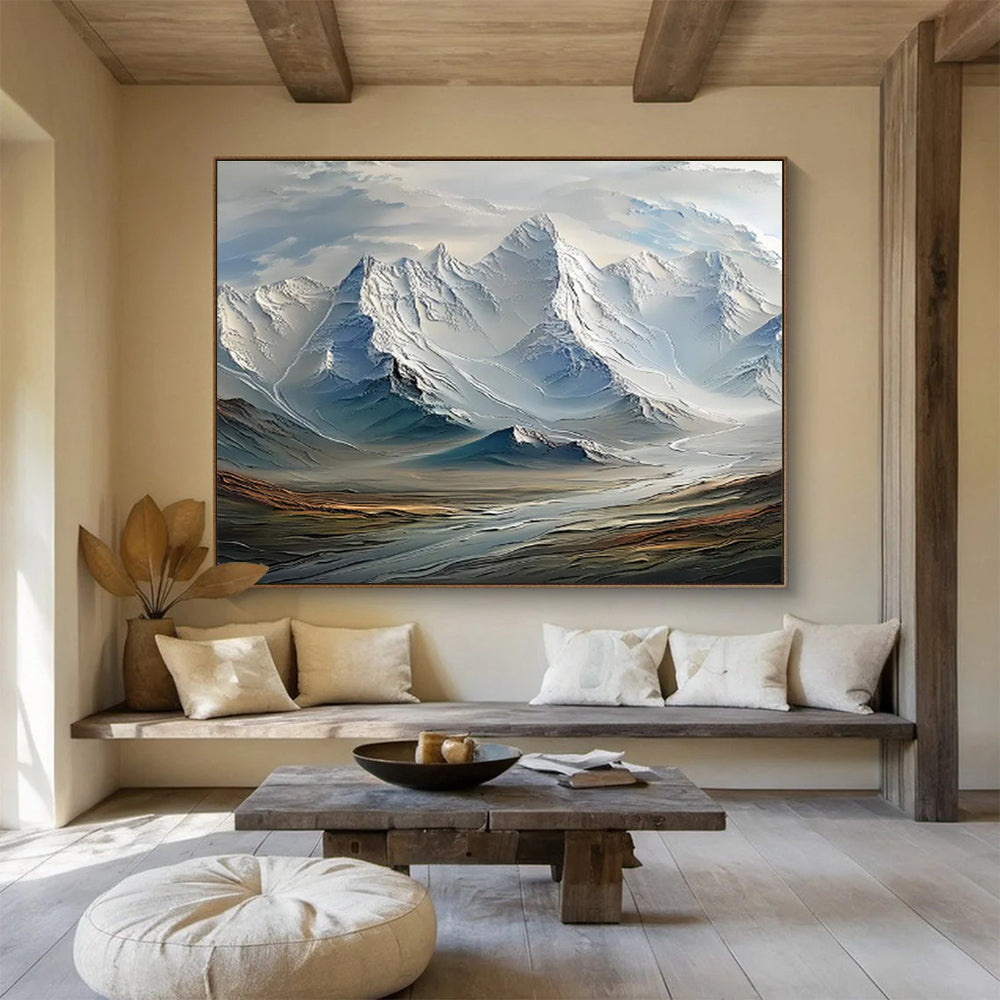 “Snowy Mountain Majesty” - White, Blue & Gray Landscape, Hyper - Realistic Oil Painting On Canvas DKS728