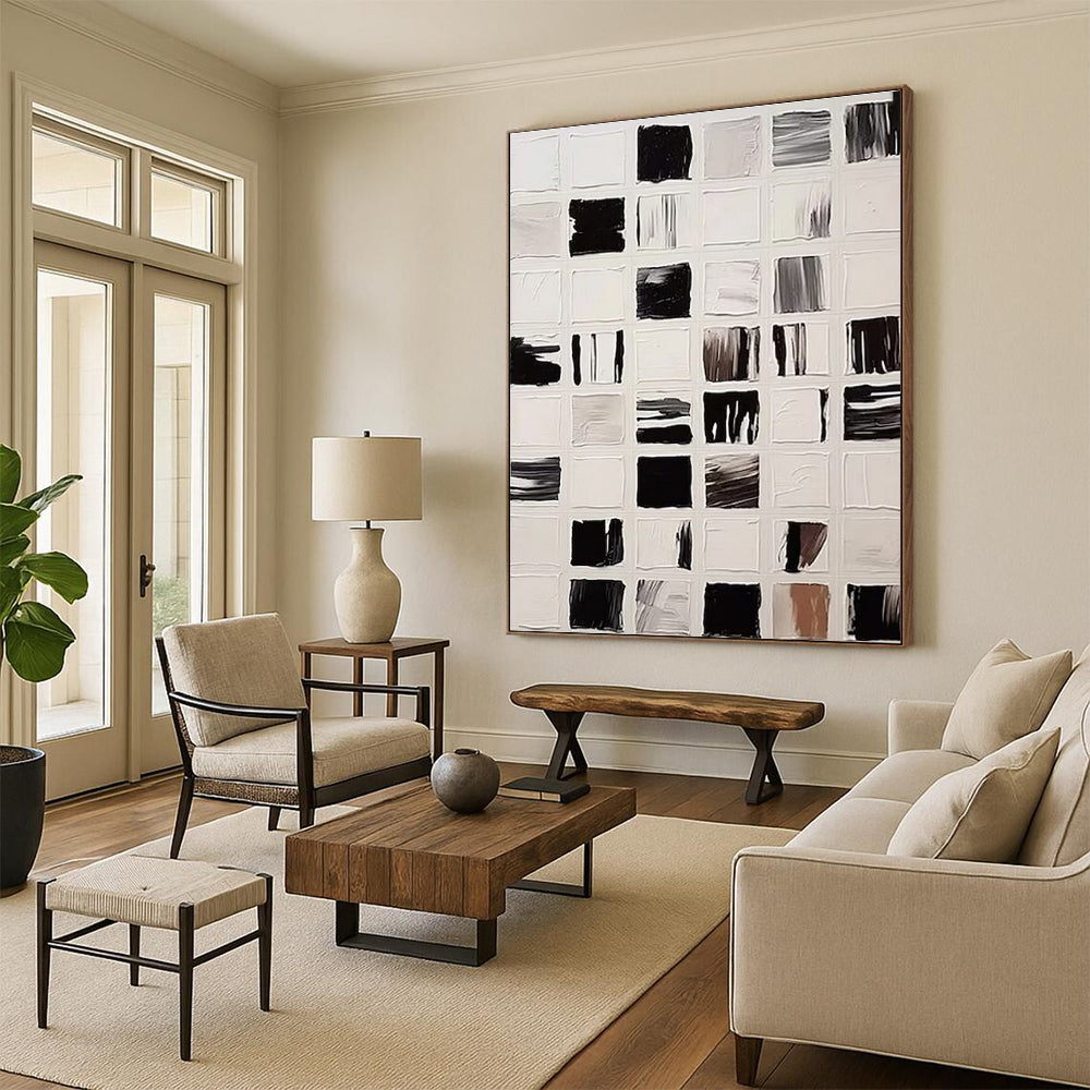 “Black & White Grid Textures” - Black, White Abstract Minimalist Painting On Canvas PS0676