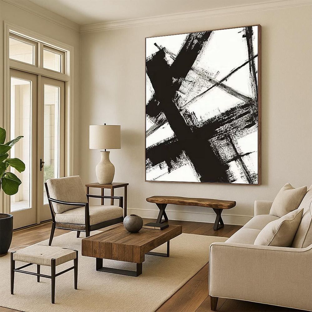 “Black and White Gestural Strokes” - Expressionist Abstract Painting On Canvas PT1028