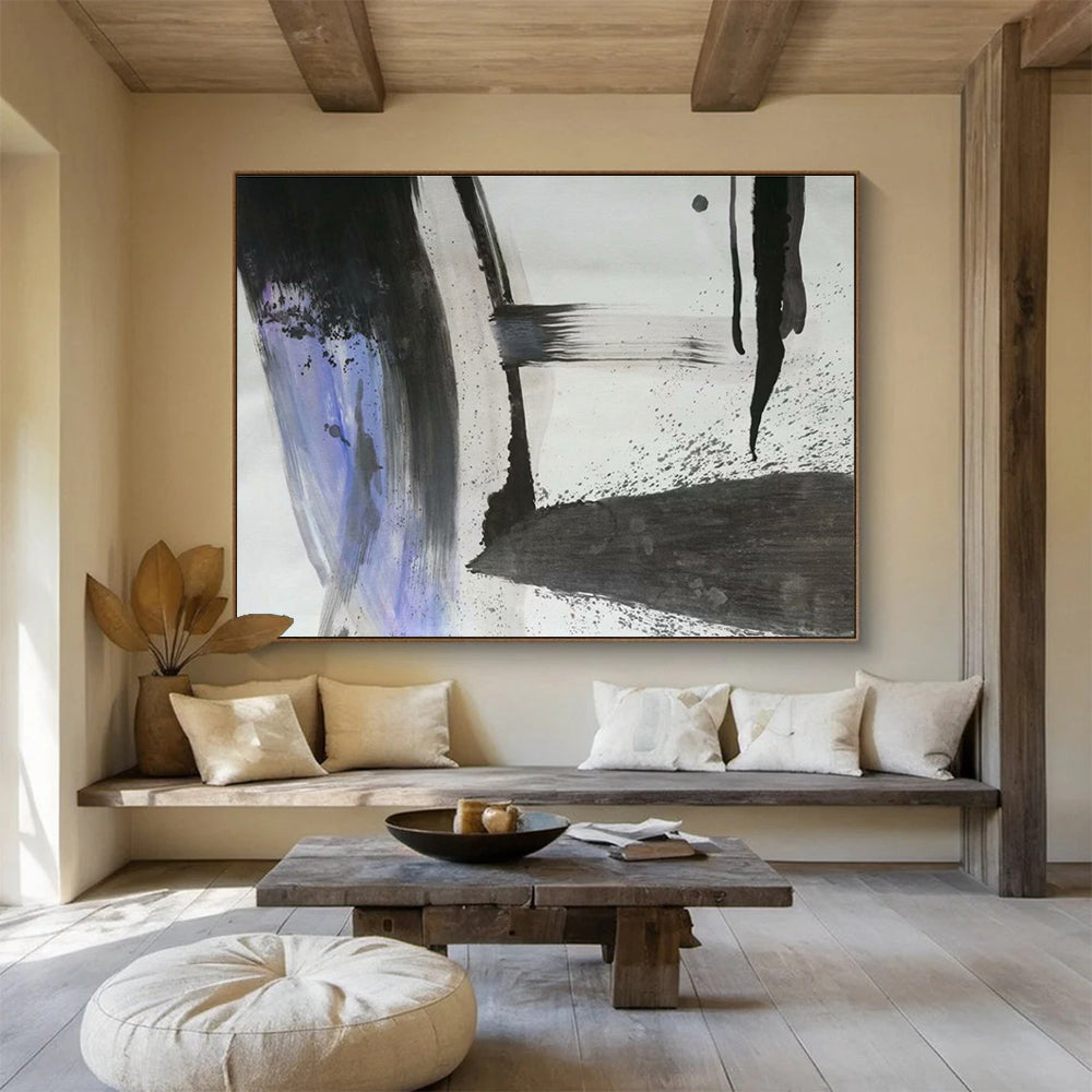 “Black, Gray, and Purple Abstract” - Abstract Ink Painting On Canvas DKS852