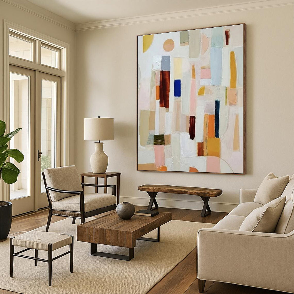 “Colorful Abstract Blocks” - Multicolor, Pink, Blue, Yellow, Brown Abstract Cubist Painting On Canvas PS0659