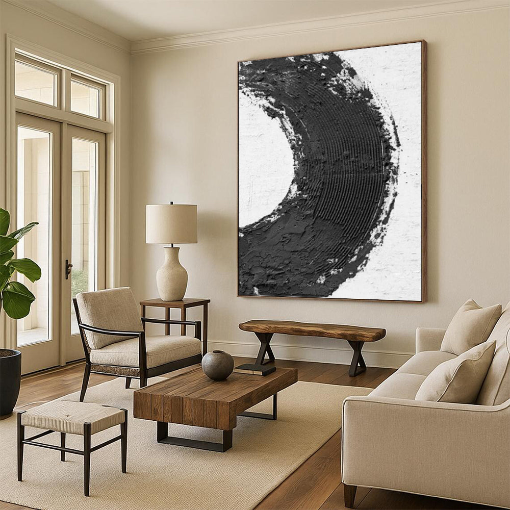 “Bold Black and White Circle” - Abstract, Graphic - Styled Painting On Canvas PT1675