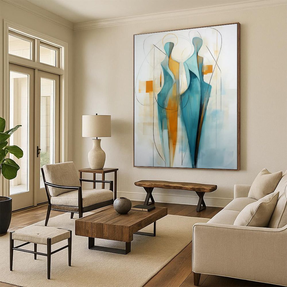 “Teal and Orange Abstract Figures” - Minimalist Abstract Painting On Canvas PT2234