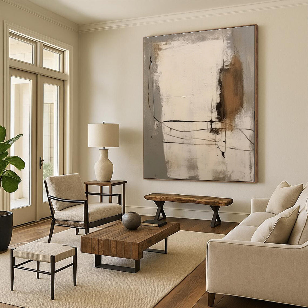 “Gray - Beige - Black Linear Abstraction” - Gray, Beige, Black Abstract Painting On Canvas PS0539