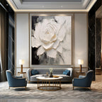 White, Gray with Textured Flower "Sculpted Petals" Impasto Floral Painting On Canvas PS1202