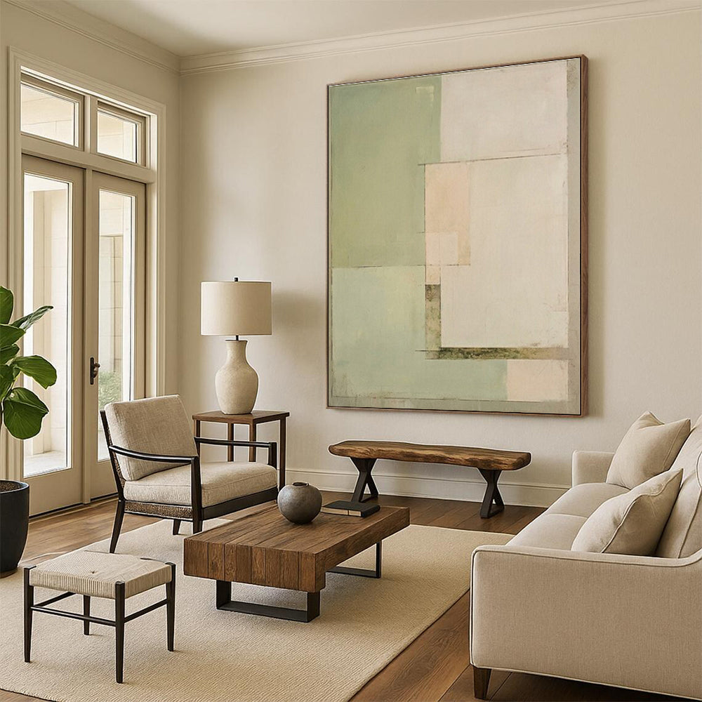 “Soft Green Blocks” - Light Green, Beige Abstract Minimalist Painting On Canvas PS0398