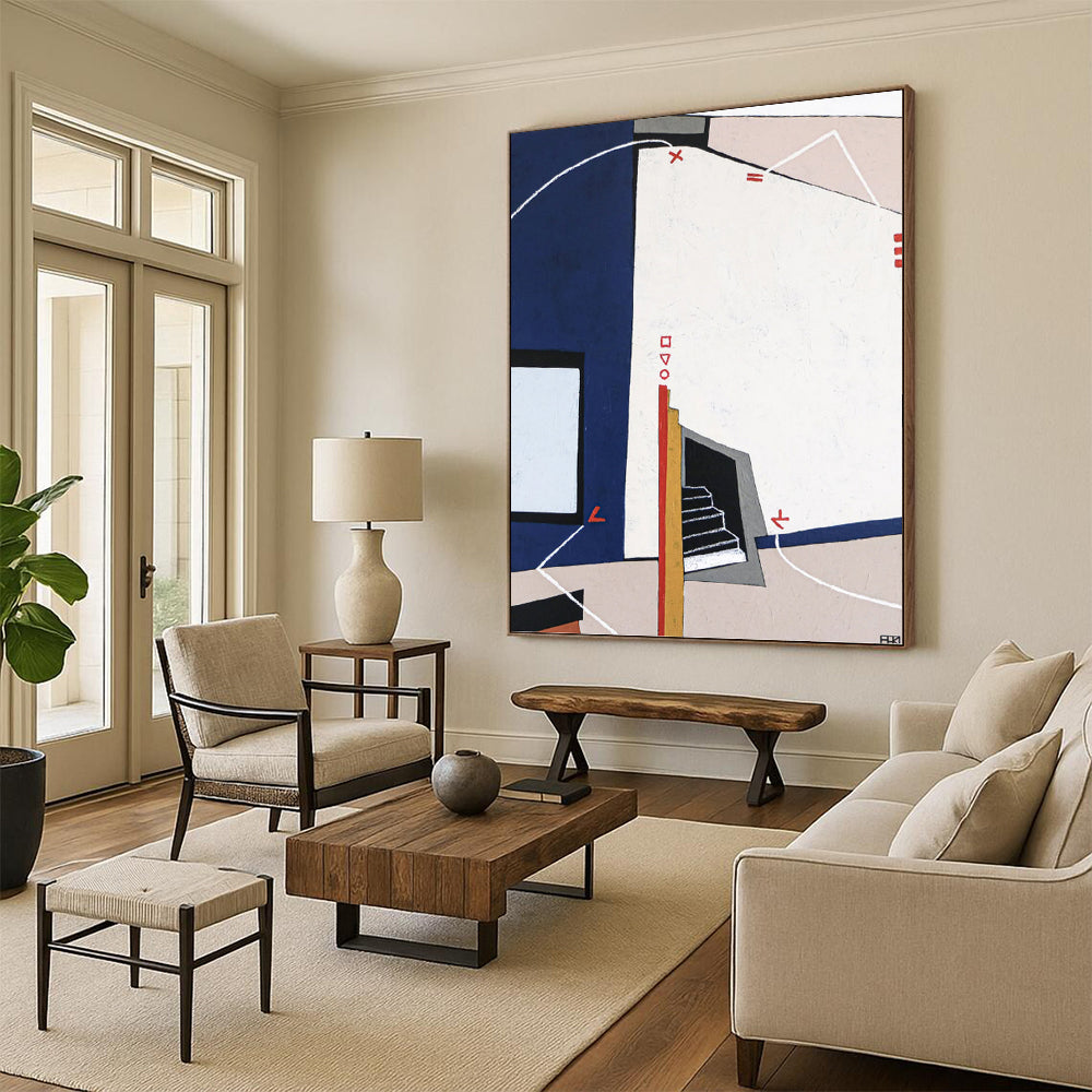 “Blue - White Geometric Abstraction” - Architectural Abstract Painting On Canvas PT1106