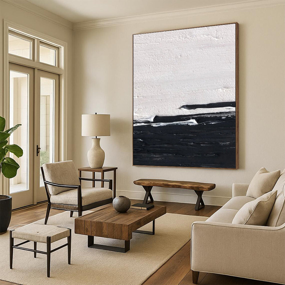 “Black and White Minimalist Horizon” - Subtle Abstract Painting On Canvas DS402