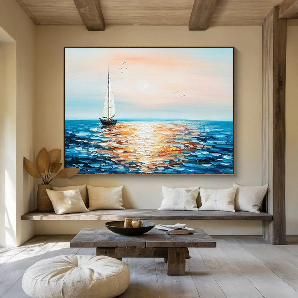 “Sailboat at Sunset” - Classic Coastal Painting On Canvas PT188