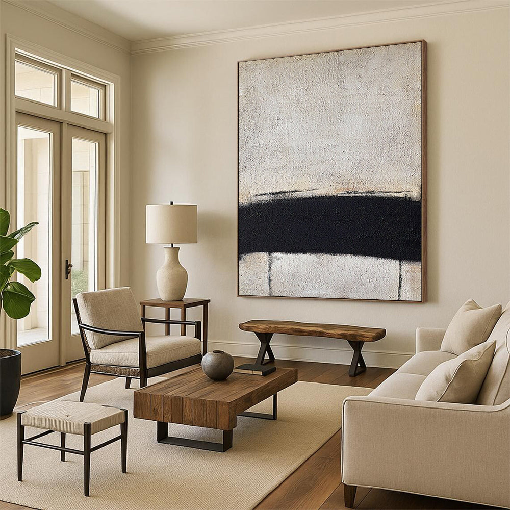 “Black and White Horizontal Line” - Minimalist Abstract Painting On Canvas DS353