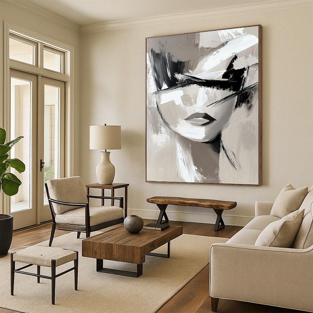 “Monochrome Abstract Face” - Minimalist Acrylic Painting On Canvas PT2193