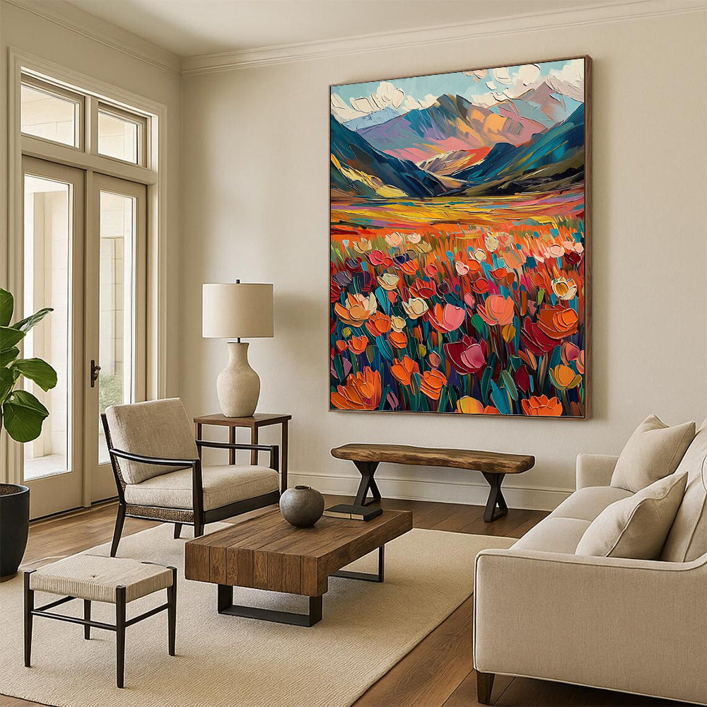 “Colorful Mountain Field” - Landscape, Vibrant - Hued Painting On Canvas PT1597