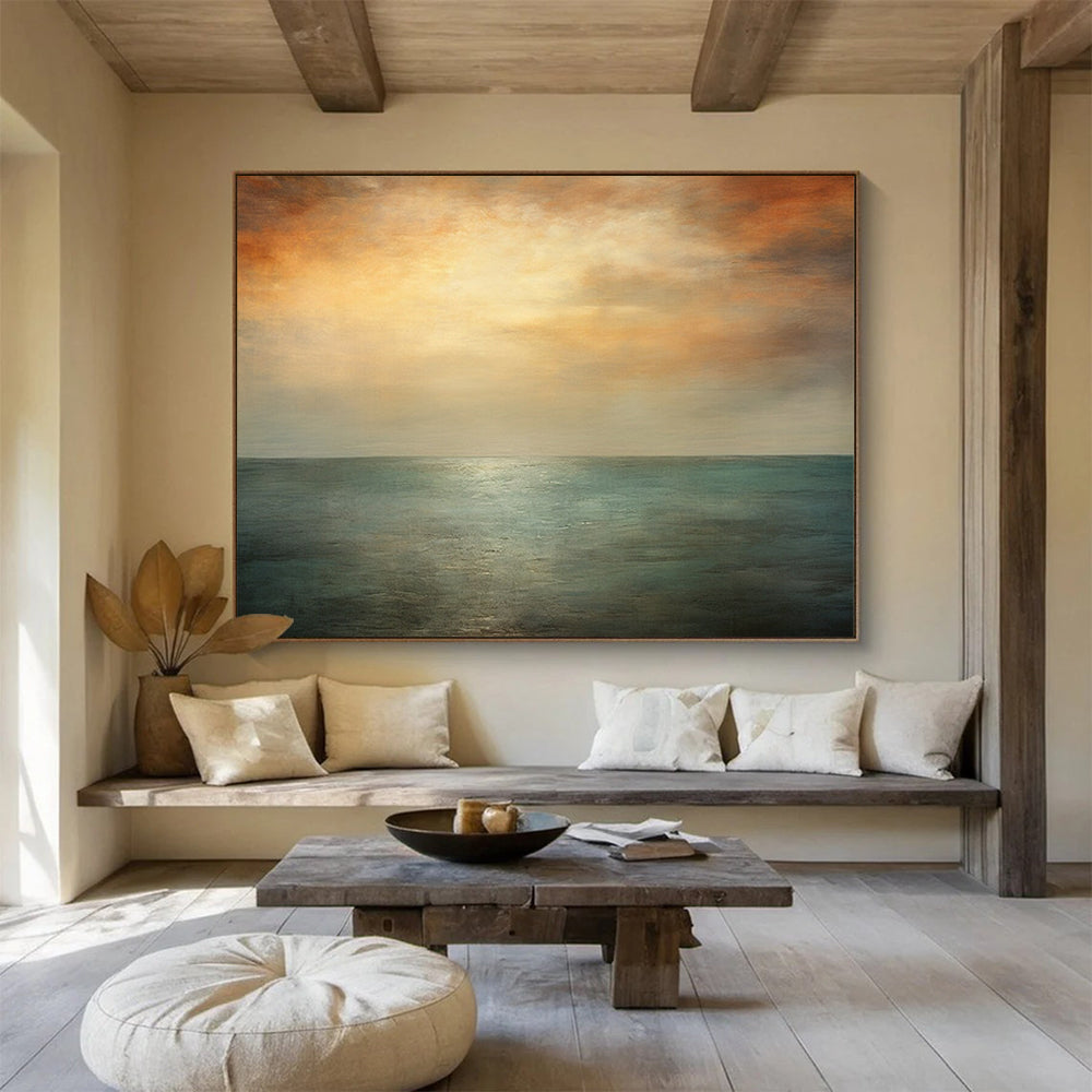 “Tranquil Sea in Orange, Gray & Teal” - Romantic Seascape Painting On Canvas PT010