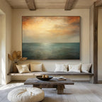 “Tranquil Sea in Orange, Gray & Teal” - Romantic Seascape Painting On Canvas PT010