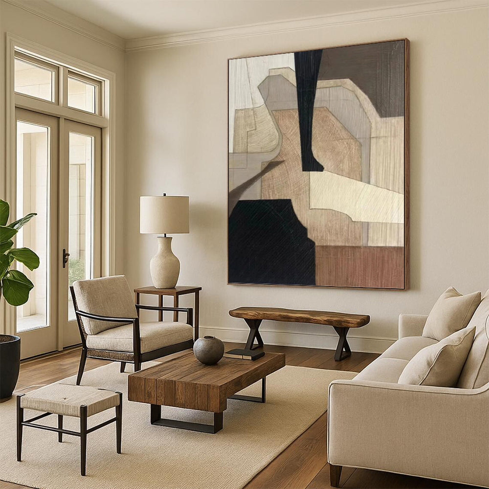 “Wood - Toned Geometric Abstraction” - Brown and Beige Geometric Painting On Canvas PT1071