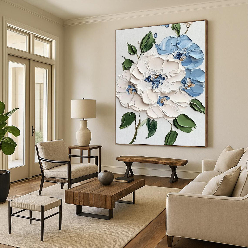 “Blue - White Floral 3D Relief” - Realist - Inspired Floral Painting On Canvas PT1387