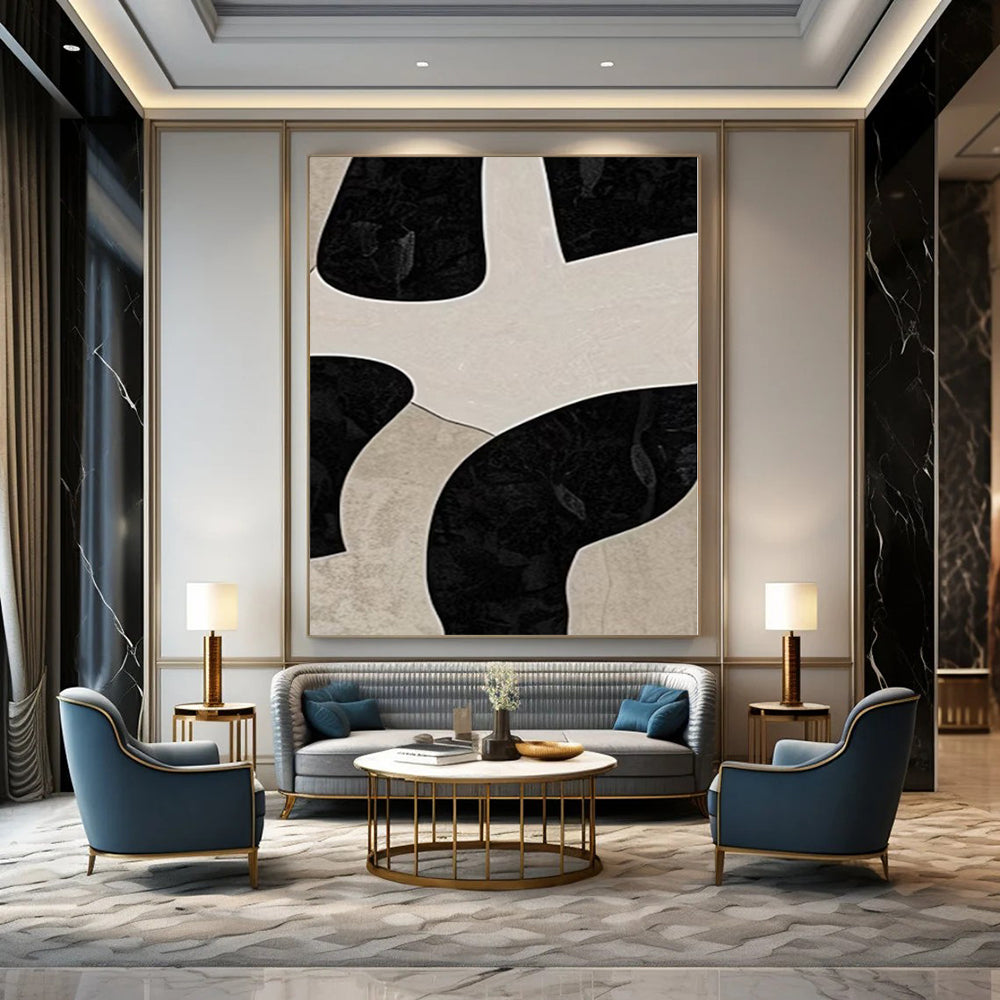 Beige and Black Organic Shapes "Mystic Puzzle" Modern Abstract Painting On Canvas PS1099