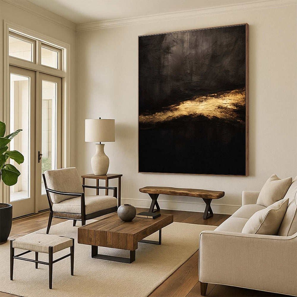 “Dark & Golden Mystery” - Black, Gold Abstract Minimalist Painting On Canvas PS0686