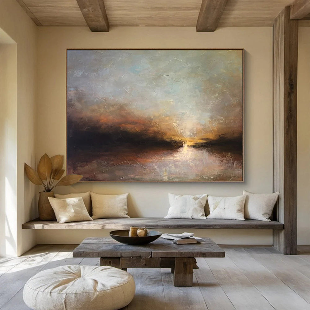 “Sunset River Glow” - Orange, Blue & Gold Landscape, Impressionistic Oil Painting On Canvas DKS774