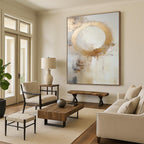 “Gold - White Abstract Circle” - Gold, White, Beige Abstract Minimalist Painting On Canvas PS0586