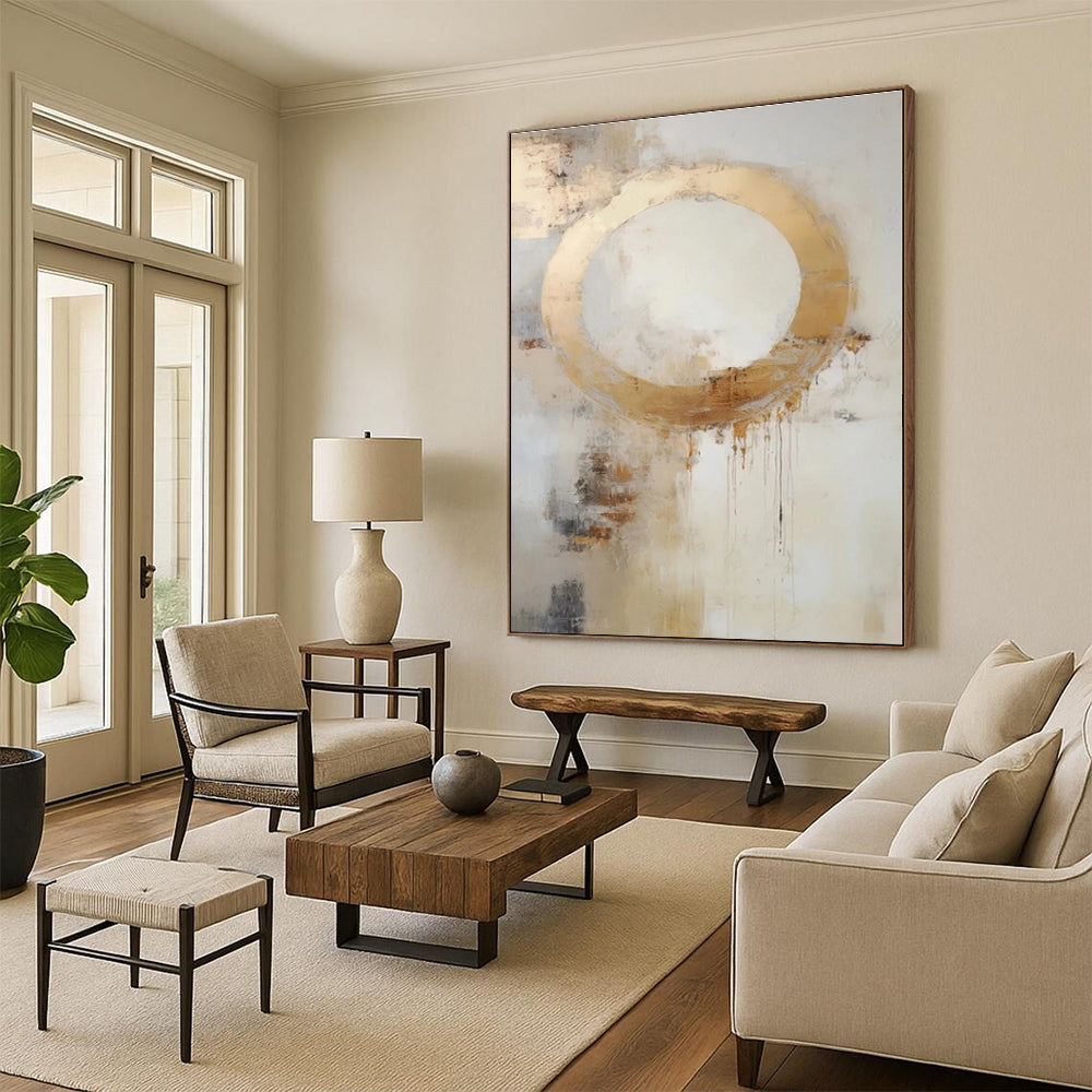 “Gold - White Abstract Circle” - Gold, White, Beige Abstract Minimalist Painting On Canvas PS0586