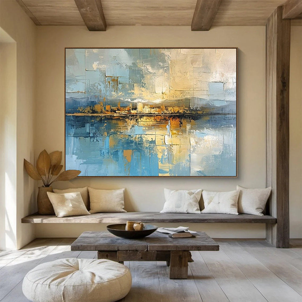 “Blue - Gold Abstract Cityscape” - Reflective Blue “Urban Reflections” Painting On Canvas PT1640