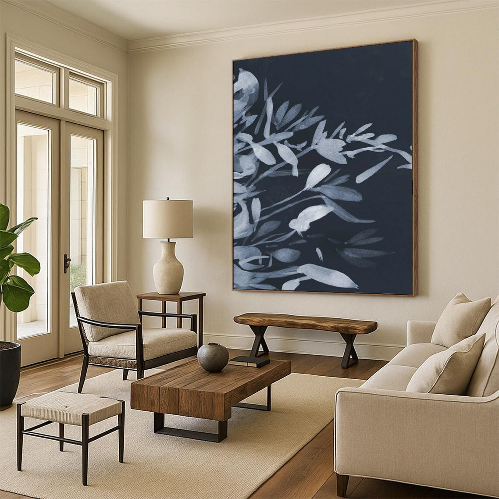 “Dark Blue Floral Silhouettes” - Delicate Plant Forms Painting On Canvas DS239