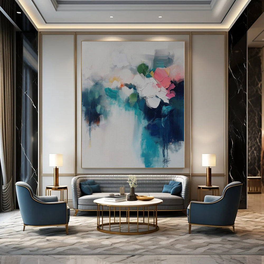 Soft White, Teal, Pink and Green with Abstract Florals "Petal Mist" Abstract Painting On Canvas PS1182