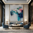 Soft White, Teal, Pink and Green with Abstract Florals "Petal Mist" Abstract Painting On Canvas PS1182