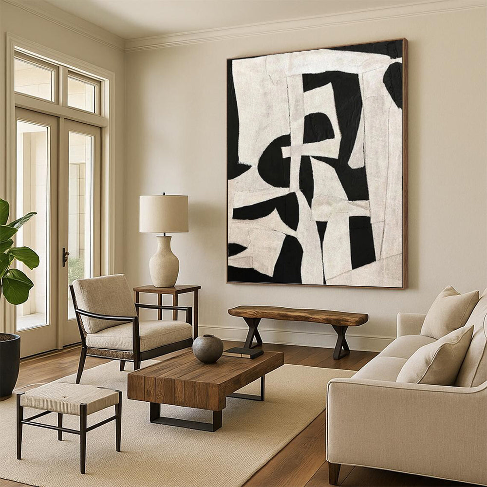 “Black - White Fabric Collage” - Textile Abstract Painting On Canvas PT1137