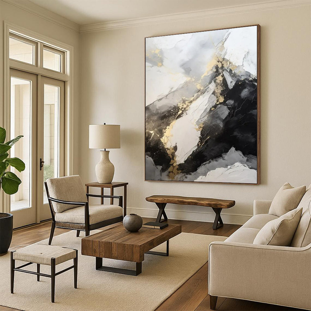 White, Gray, Black & Gold Abstract "Marble Peaks" Painting On Canvas PS0871